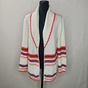 True Vintage 70s White Knit Cardigan Orange Striped Open Front Sweater Women’s S